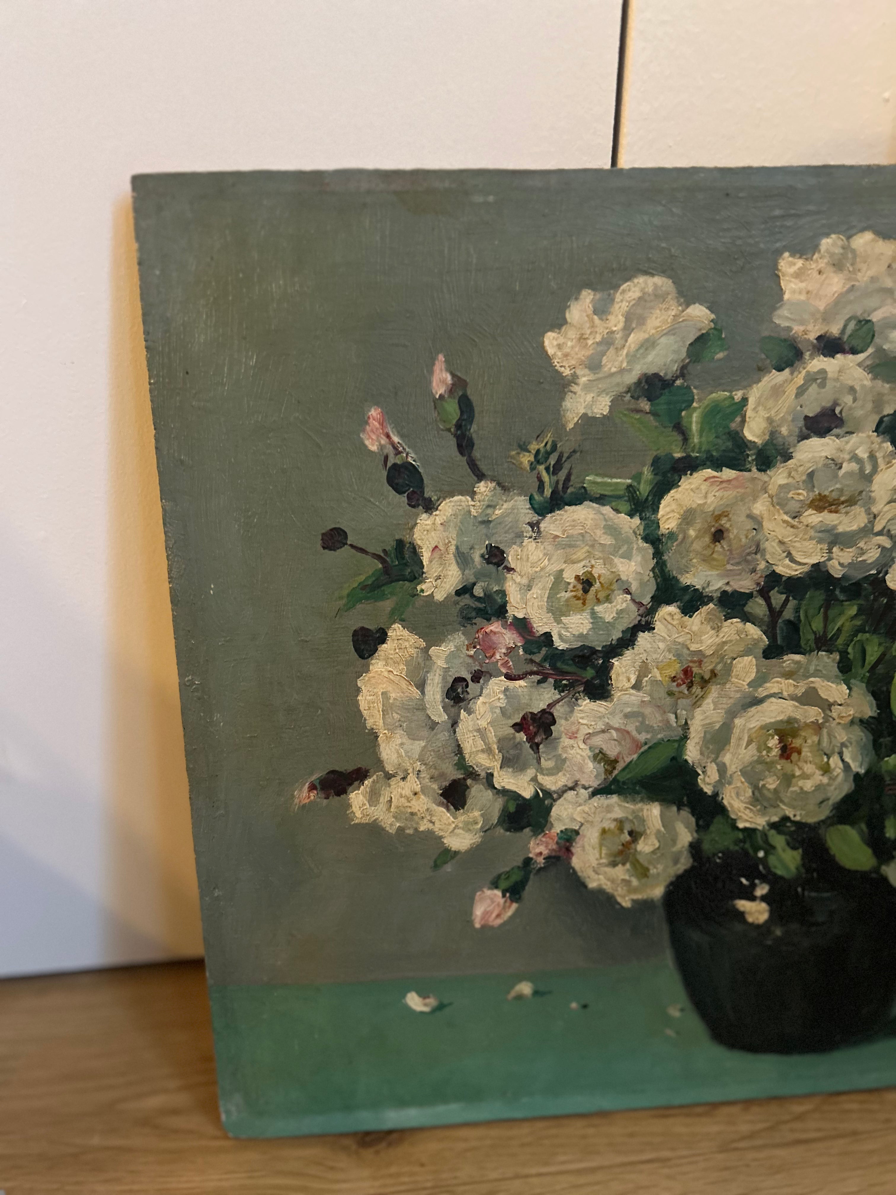 Peinture sur bois, roses blanches